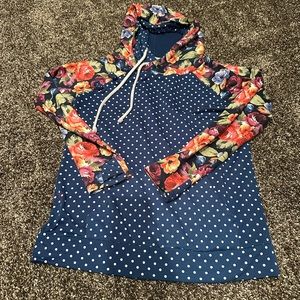 Boutique floral and polka dot blue hooded sweatshirt
